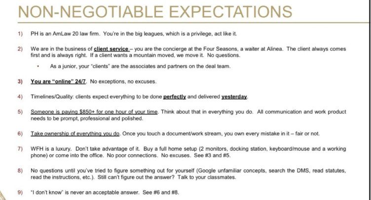 A non-negotiable expectations document - some of them are 'you are online 24/7 - no exceptions' and ''I don't know, is never an acceptable answer'