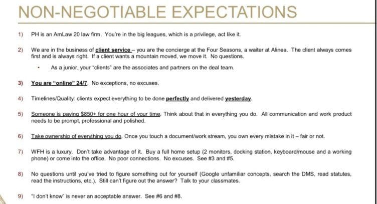 A non-negotiable expectations document - some of them are 'you are online 24/7 - no exceptions' and ''I don't know, is never an acceptable answer'